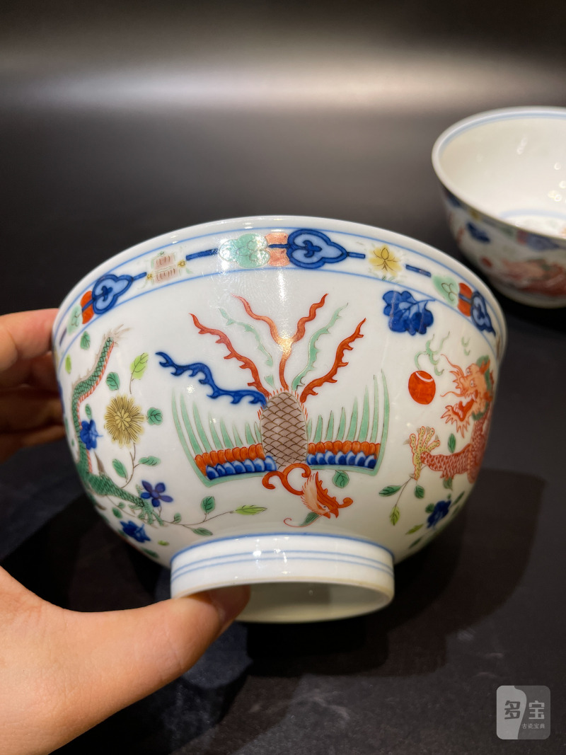 清光绪 青花五彩龙凤纹碗一对 - 图6